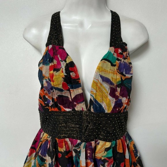 French Connection Dress Size 8 Open Back Halter Deep V Neck Floral Multicolor - Picture 2 of 7